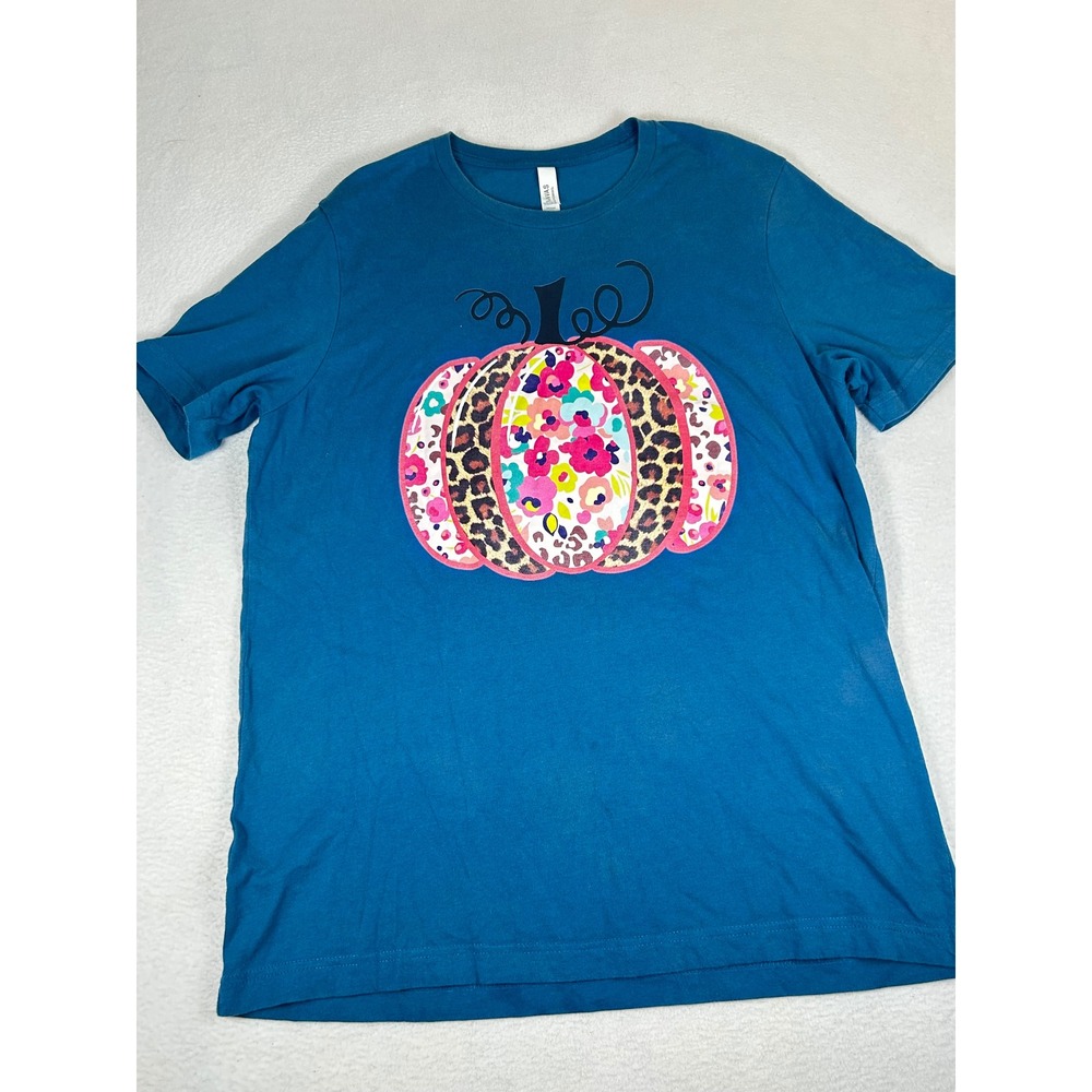 Bella+Canvas T-Shirt Women Large Blue Floral Leopard Pumpkin Graphic Tee Festive